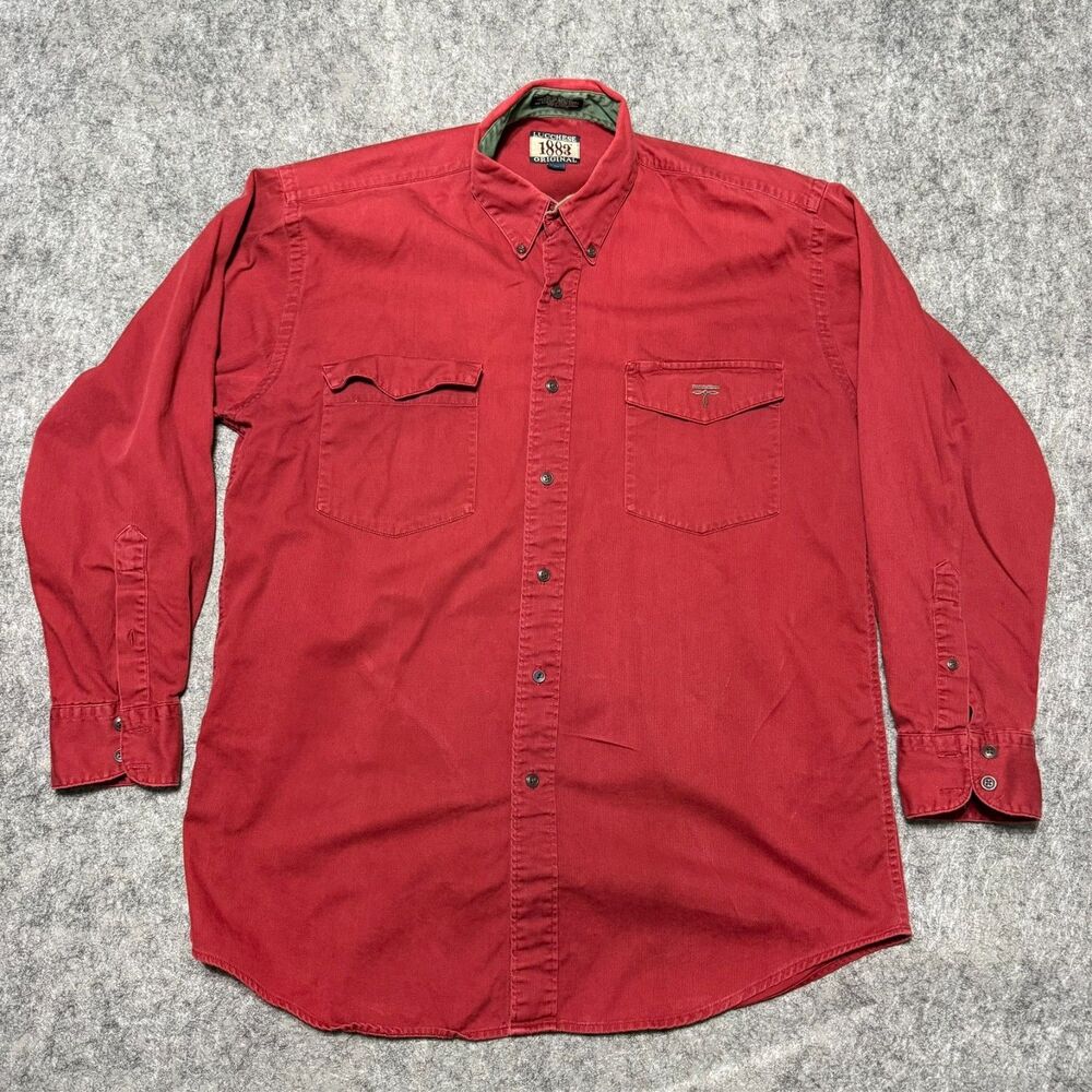 VTG 90s Lucchese 1883 Original Mens M Western Shirt Rust Red Cotton Flap Pocket